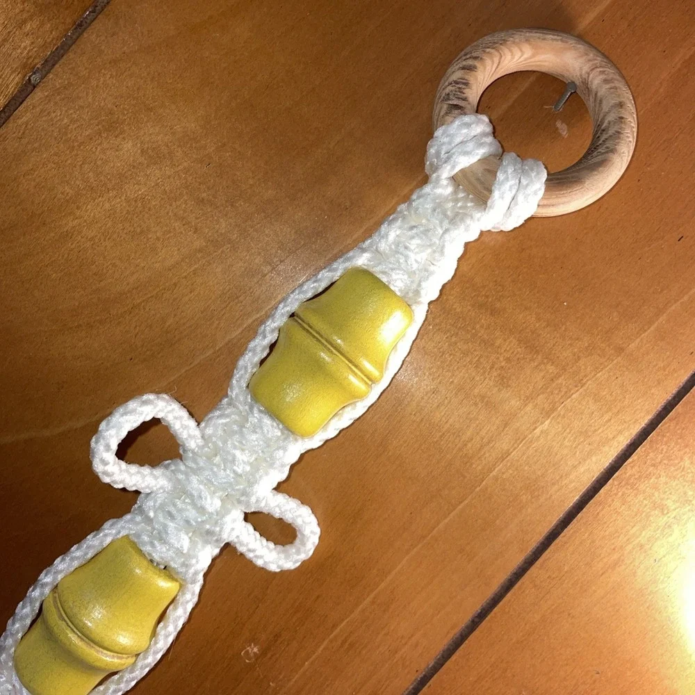 Vintage handmade macrame decoration hanging‎ wooden baby blocks bells yellow